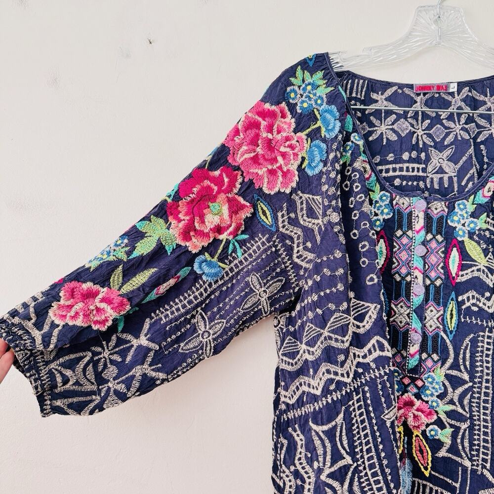 Johnny Was "Trista" Embroidered Blouse Navy And Pink Women’s Size L - Picture 2 of 9